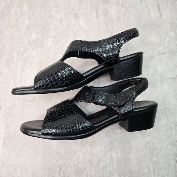 SAS Sandal Sz 10.5 Black Croc Leather Open Toe Comfort Low Heel Casual Slingback - Picture 6 of 13